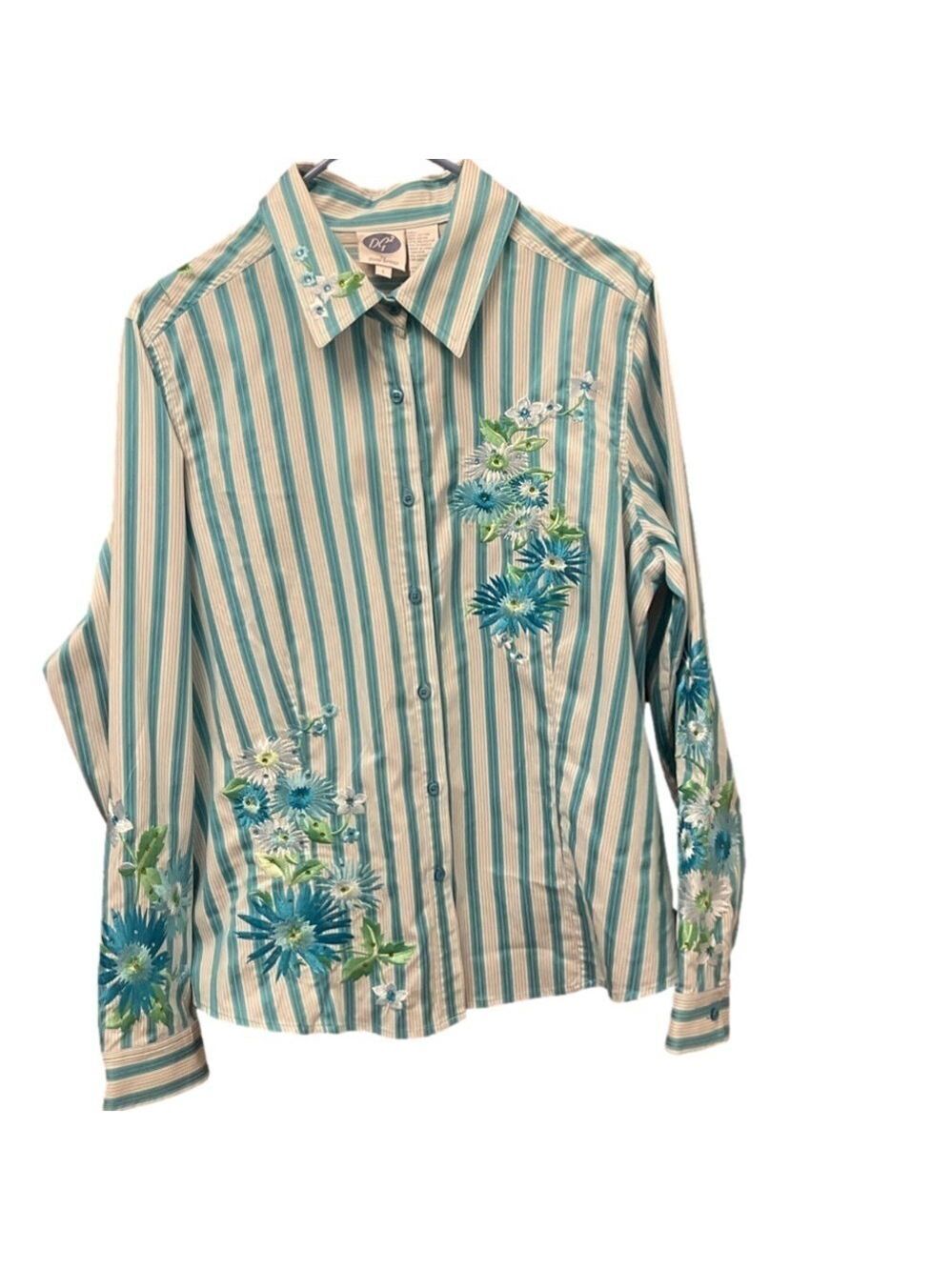 Diane Gilman L green/white tailored long sleeve shirt embroidered & rhinestones